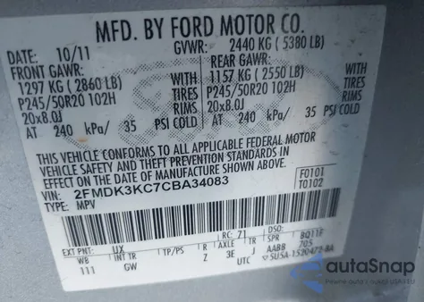 2012 Ford Edge Limited из США, поврежденный, VIN 2FMDK3KC7CBA34083